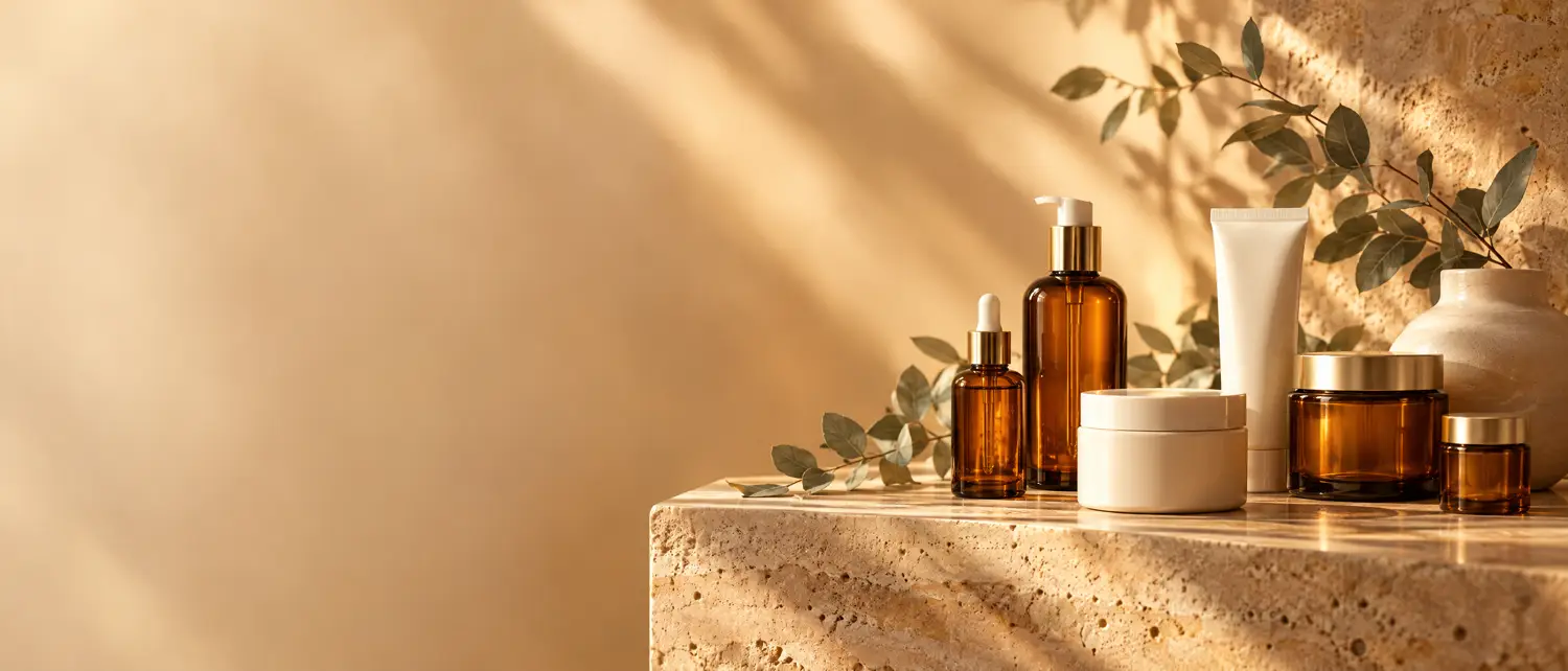Warm amber and ivory skincare collection in golden morning light
