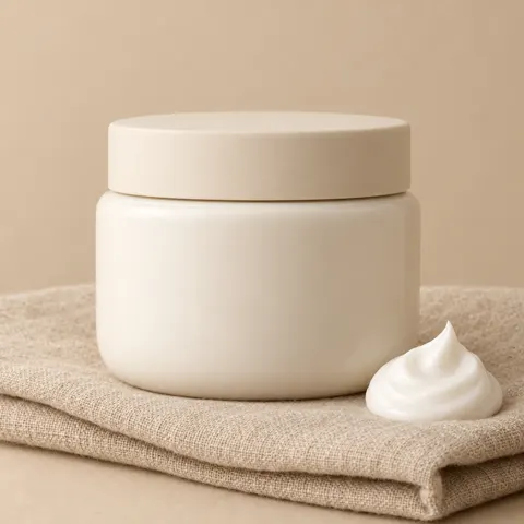 Nourishing lotion jar on soft linen